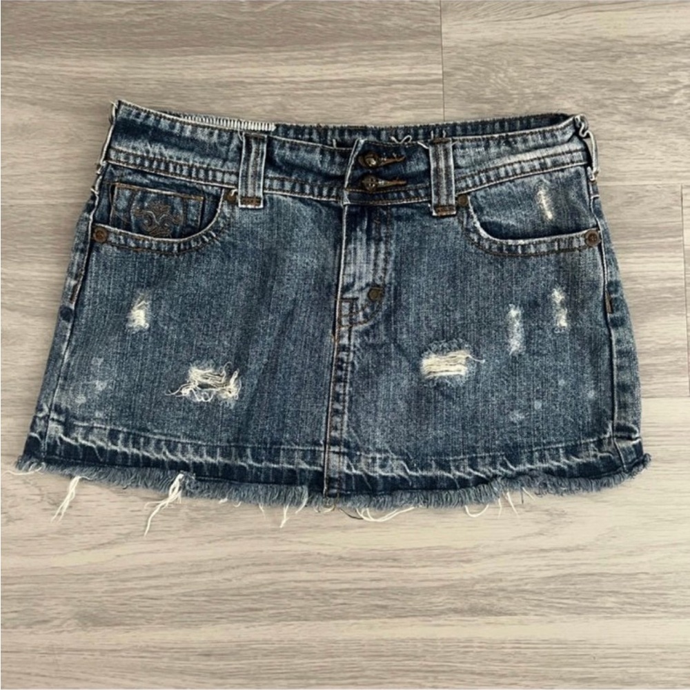 Industrial Cotton Distressed Denim Mini Skirt Size 7 Y2K Low Rise Frayed Hem